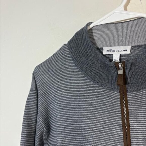 Peter Millar Sweater Mens Large Gray Striped Merino Wool Quarter Zip Pullover - Picture 2 of 7
